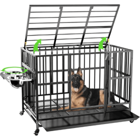 48'' Heavy-Duty Dog Crate with Wheels – Air-Lift Rod, 360° Rotation, Adjustable Double Bowls & Removable Tray