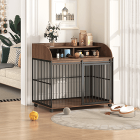 Rustic Brown Dog Crate Furniture – Heavy-Duty 44" Kennel with Wheels & Built-In Storage