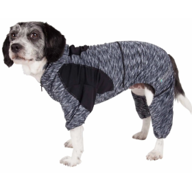 Pet Life Active 'Downward Dog' Heathered Performance 4-Way Stretch Two-Toned Full Body Warm Up Hoodie (Size: Large, Color: Black.)