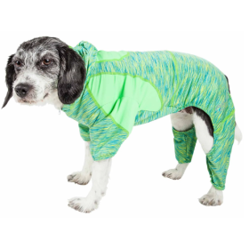 Pet Life Active 'Downward Dog' Heathered Performance 4-Way Stretch Two-Toned Full Body Warm Up Hoodie (Size: Medium, Color: Green.)