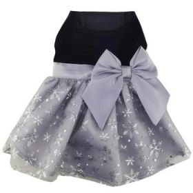 Holiday Dog Harness Dress (Size: X-Large, Design: Black Velvet with Gray Snowflake Skirt)