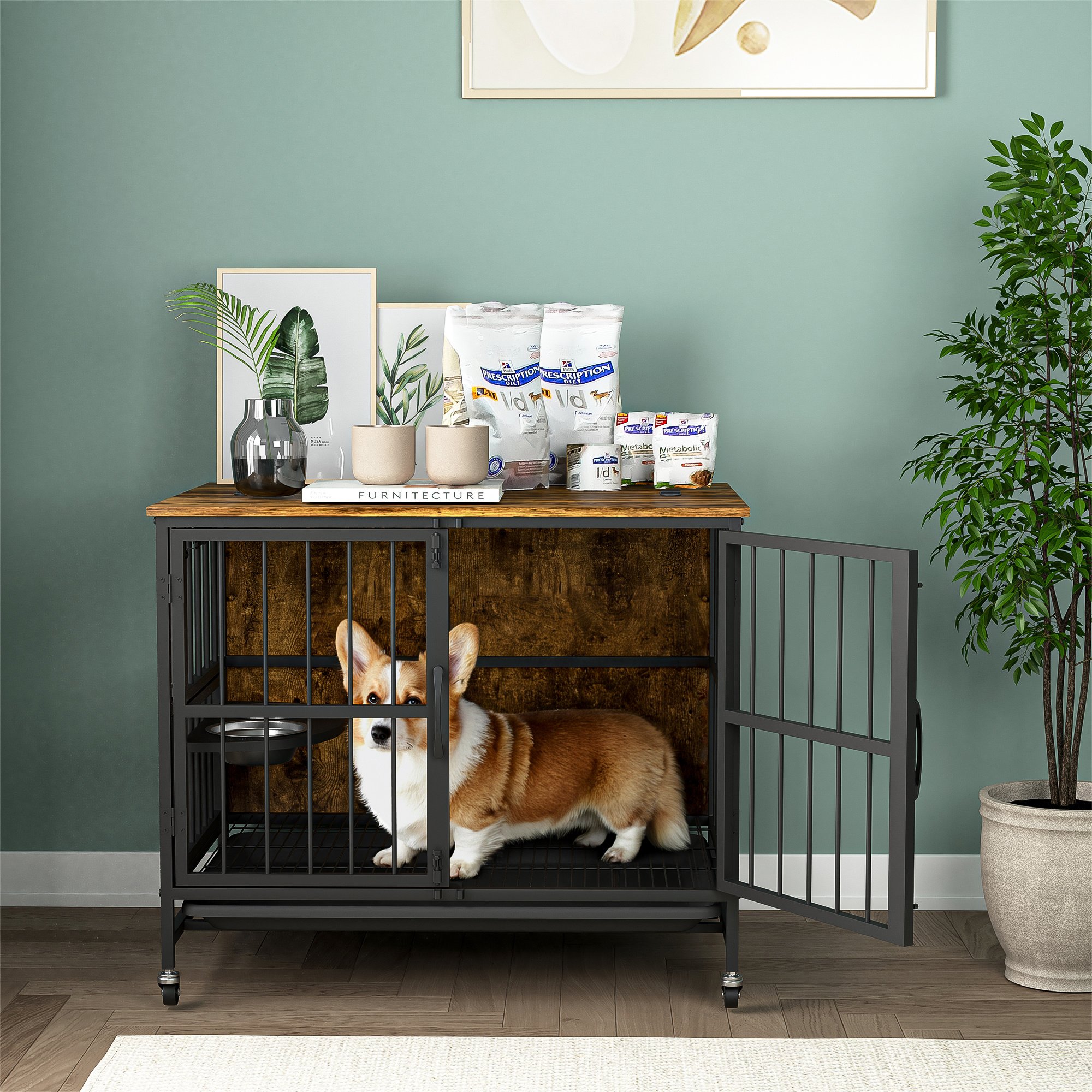 Modern Kennel Dogs room up to 60 LB, Dog crate furniture with Multi-Purpose Rremovable Ttray, Double-Door Dog House, lift Panel Modern Kennel Dogs room up to 60 LB, Dog crate furniture with Multi-Purpose Rremovable Ttray, Double-Door Dog House, lift Panel