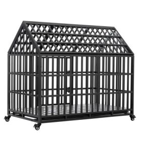 52" Heavy Duty Dog Crate Large Dog Cage Strong Metal Dog Kennels and Crates for Large Dogs with 4 Lockable Wheels (Color: Black.)