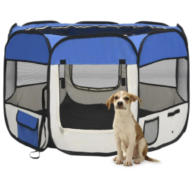Foldable Dog Playpen with Carrying Bag 35.4"x35.4"x22.8" (Color: Blue.)