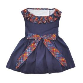 Navy Dog Dress with Plaid Ruffles (Size: X-Small)