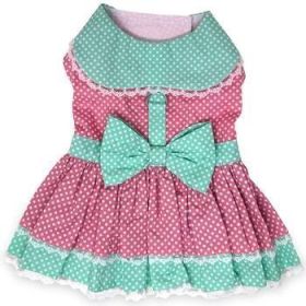Polka Dot and Lace Dog Dress Set with Leash - Pink and Teal (Size: X-Large)